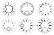 Clock face blank set isolated on white background. Vector watch design. Vintage roman numeral clock illustration. Black number round scale.