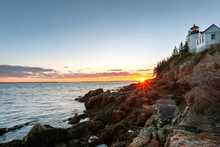 Sunset Over Picturesque Bass Harbor Lighthouse On Mt Desert Island, Maine