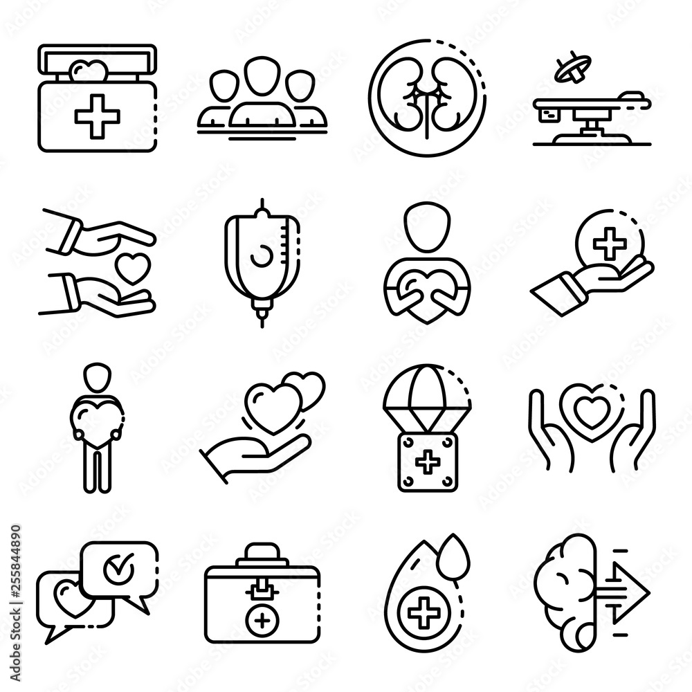 Donate organs icons set. Outline set of donate organs vector icons for ...