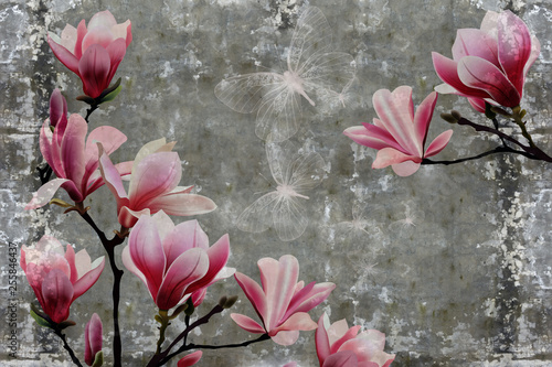 Naklejka - mata magnetyczna na lodówkę 3d wallpaper, magnolia flower on concrete wall textured background. The original panel will turn your room in with the most recent world trends in interior fashion.