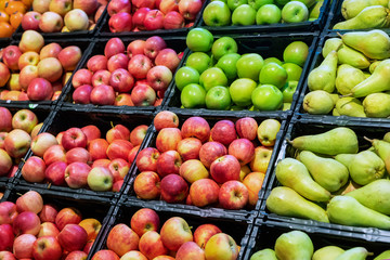 Wall Mural - Grocery supermarket store. Shelves with variety of different orgnaic fresh ripe pears and apples. Vegetable and fruit market