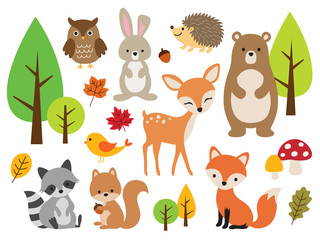 vector illustration of cute woodland forest animals including deer, rabbit, hedgehog, bear, fox, rac