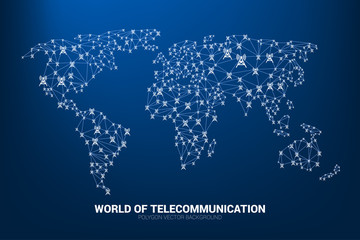 Poster - Vector Polygon antenna tower icon connect line to world map shape. Concept for international telecom service and network.