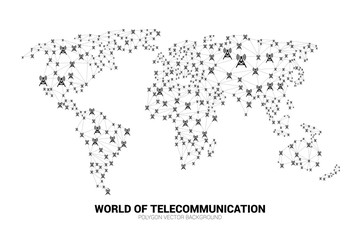 Poster - Vector Polygon antenna tower icon connect line to world map shape. Concept for international telecom service and network.