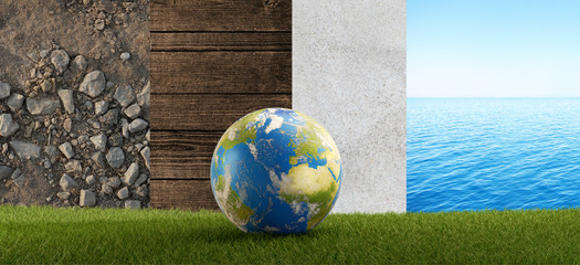 Wall Mural - blue earth on green grass field 3d-illustration. elements of this image furnished by NASA