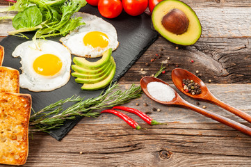 Fried egg. In the course of making breakfast with fried eggs and vegetable