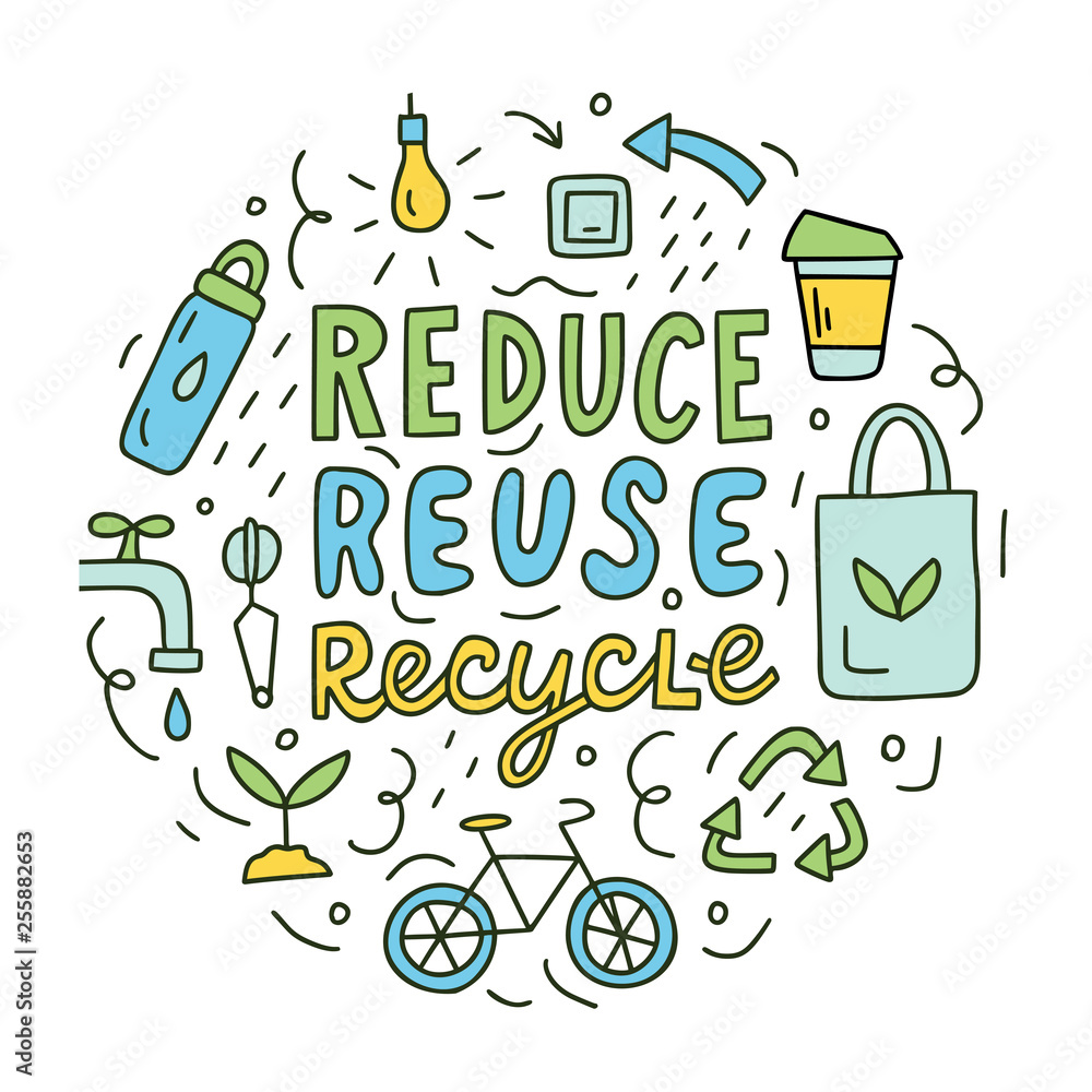 Reduce, reuse, recycle. Ecology concept. Round composition with hand ...