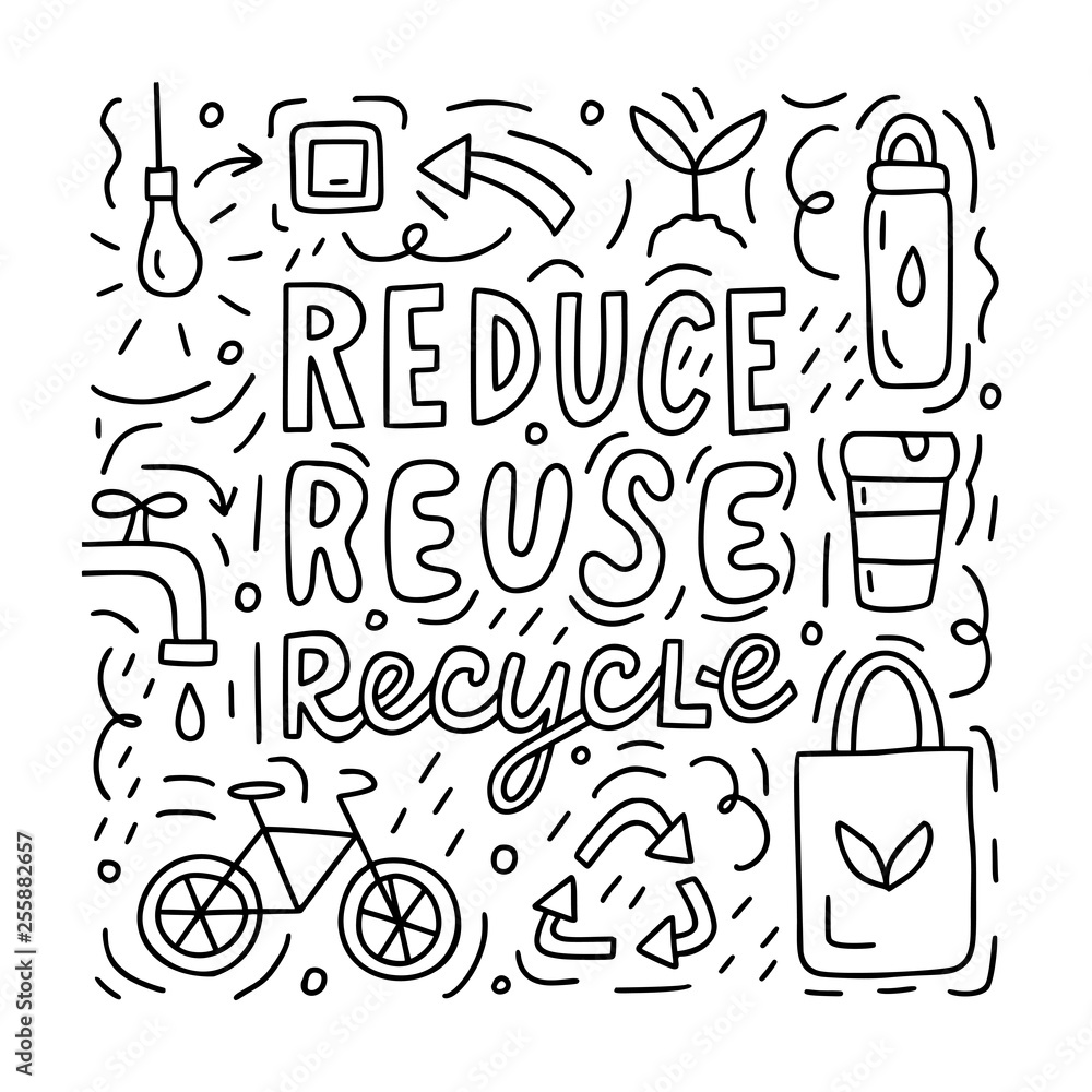 Reduce, reuse, recycle doodle concept. Black and white vector ...