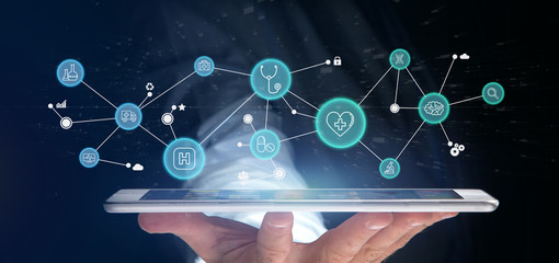 Wall Mural - businessman holding medical icon and connection 3d rendering