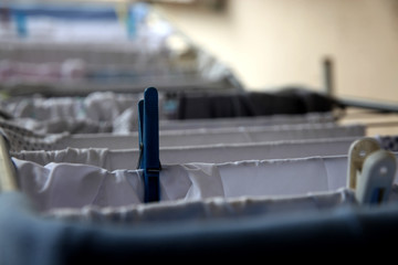 Clothes on hang line. Clothespin 