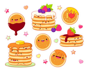 Wall Mural - Set of cute pancake icons in kawaii style