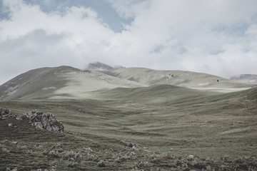 Panorama view of mountains scenes in national park Dombay, Caucasus