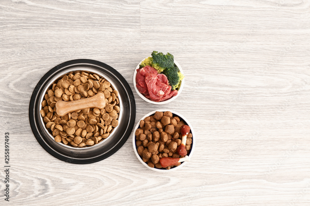 Bowls with dry and fresh pet food on floor