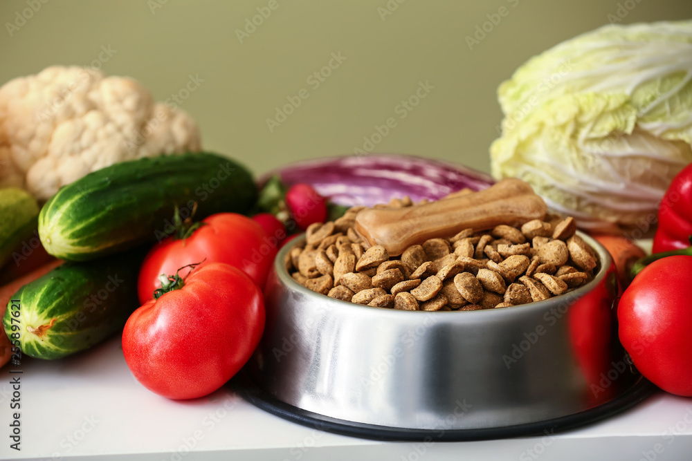 Bowl with dry pet food and fresh vegetables on table
