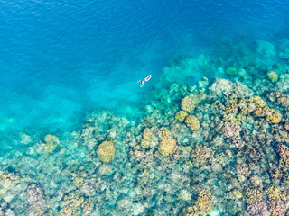 Wall Mural - Aerial top down people snorkeling on coral reef tropical caribbean sea, turquoise blue water. Indonesia Banyak Islands Sumatra, tourist diving travel destination.