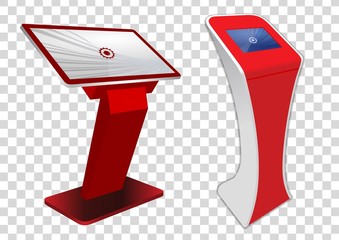 Two red Promotional Interactive Information Kiosk, Advertising Display, Terminal Stand, Touch Screen Display. Mock Up Template.