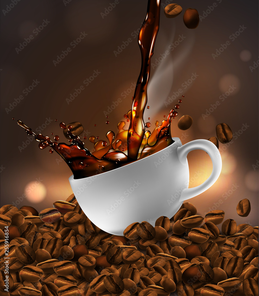 Cup of coffee with splash effect, coffee beans, transparent background ...