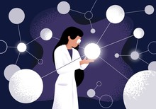 Female Scientist In Lab Coat Checking Artificial Neurons Connected Into Neural Network. Computational Neuroscience, Machine Learning, Scientific Research. Vector Illustration In Flat Cartoon Style