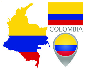 Sticker - Colorful flag, map pointer and map of the Colombia in the colors of the Colombian flag. High detail. Vector illustration