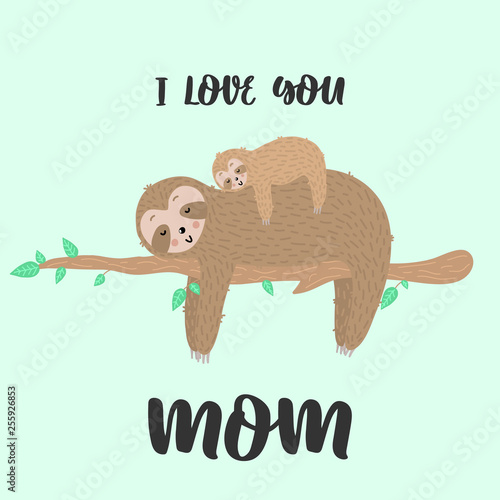 Vector Image Of A Cute Sloth With Baby On The Green Background Hand Drawn Cartoon Illustration For Children Tropical Summer Holiday Card Banner Child Print Mother S Day Mom Poster Love Hugs Stock Vector