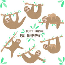 Vector Set Of Cute Sloths. Hand-drawn Cartoon Illustration Of A Sloth Hanging On A Branch For Children, A Tropical Summer, Holiday, Greeting Card, Banner, Nursery, Print, Mother's Day, Mom