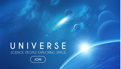 planets in universe with star, nebula and galaxy lights. 3d realistic space. cosmos design.