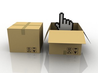 3d rendering Cardboard boxes with hand cursor