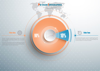 Wall Mural - Business pie chart template with circle in the center and earth map behind. Background for your documents, web sites, reports, presentations and infographics