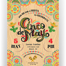 Cinco De Mayo Announcing Poster Template With Ornate Lettering And Cactuses In Sombrero.