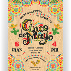 Cinco De Mayo announcing poster template with ornate lettering and cactuses in sombrero.