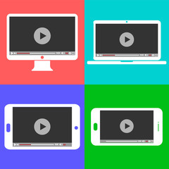 Wall Mural - monitor, laptop, tablet and smartphone video player template. vector illustration.
