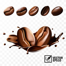 Various Coffee Beans With The Ability To Substitute In The Coffee Splash, 3D Realistic Isolated Vector, Editable Handmade Mesh