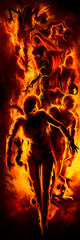 Wall Mural - zombies in fire vertical banner/ illustration a crowd of zombies in fire