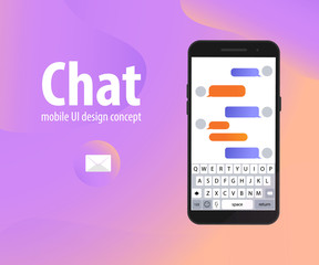 Aufkleber - Chatbot Interface banner concept. Man chatting with chat bot on smartphone. Clean Mobile UI Design Concept. Sms Messenger. Dialog with bot. Customer service help
