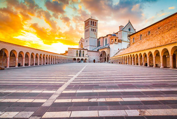 Basilica of St. Francis of Assisi at sunset, Assisi, Umbria, Italy