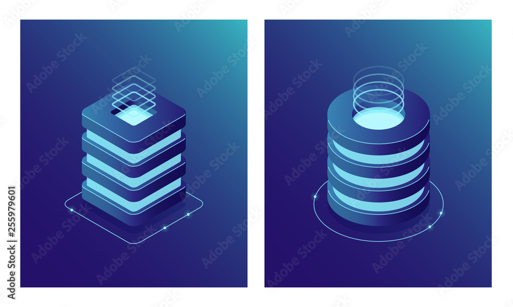 Isometric Database and Data Center, Server room rack, Cloud computing ...