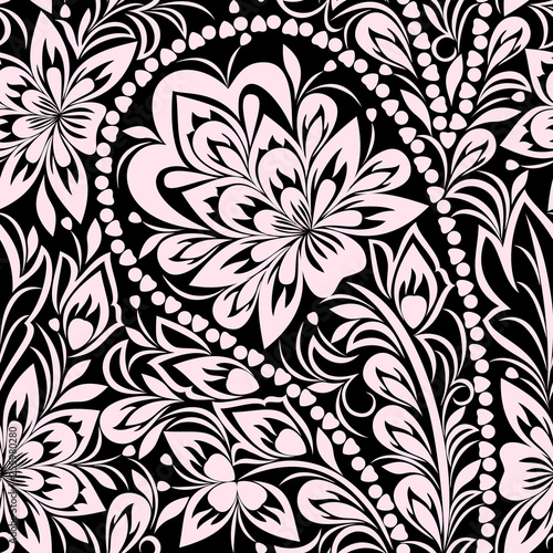 Fotografía Seamless black and white pattern with paisley and flowers