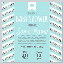 Baby Shower Invitation Card. Baby Frame With Silver Strips. It's A Boy.