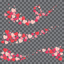 Confetti Cover. Path With Falling Hearts Shapes. Transparent Background. Set Of Magic Vector Waves With Particles Isolated On Black Background. Sparkle Hearts Form Stardust. Magical Trail With Hearts
