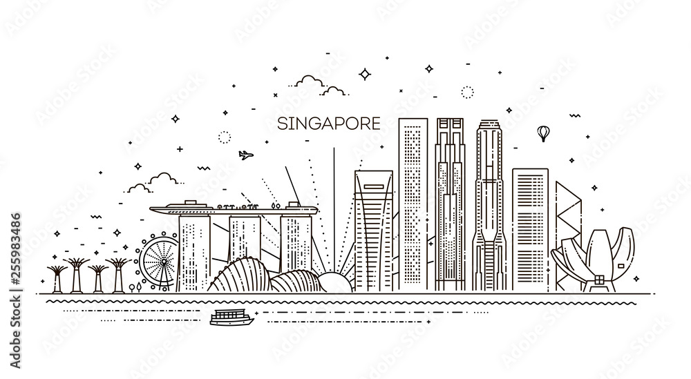 Singapore architecture line skyline illustration. Linear vector cityscape with famous landmarks - obrazy, fototapety, plakaty 