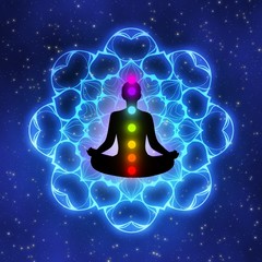 Wall Mural - Meditation man with aura and seven chakras and blue galaxy on background.