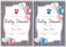 Set Of Baby Shower Invitation Card Babies Boy And Girl. Baby Frame With Boy/girl And Stickers On Light Background. It's A Boy. It's A Girl.
