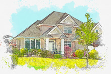 Watercolor Sketch Or Illustration Of A Beautiful Residential Country Or Suburban Home. Real Estate Or Modern Housing