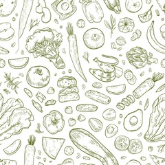 Monochrome seamless pattern with tasty wholesome food, eco healthy products, fresh fruits, berries and vegetables hand drawn with contour lines on white background. Realistic vector illustration.