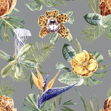 Tropical Seamless Pattern With Exotic Flowers With Animal Print And Palm Leaves