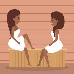 Sticker - Woman in sauna. Wooden bathhouse. Spa and relax