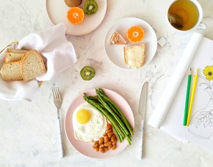 breakfast with fried eggs and coffee