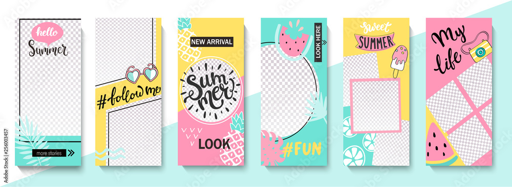 Set ot summer insta templates for life stories and news. Backgrounds for your design, for social media landing page, website, mobile app and poster, flyer, coupon, gift card. Vector illustration. - obrazy, fototapety, plakaty 