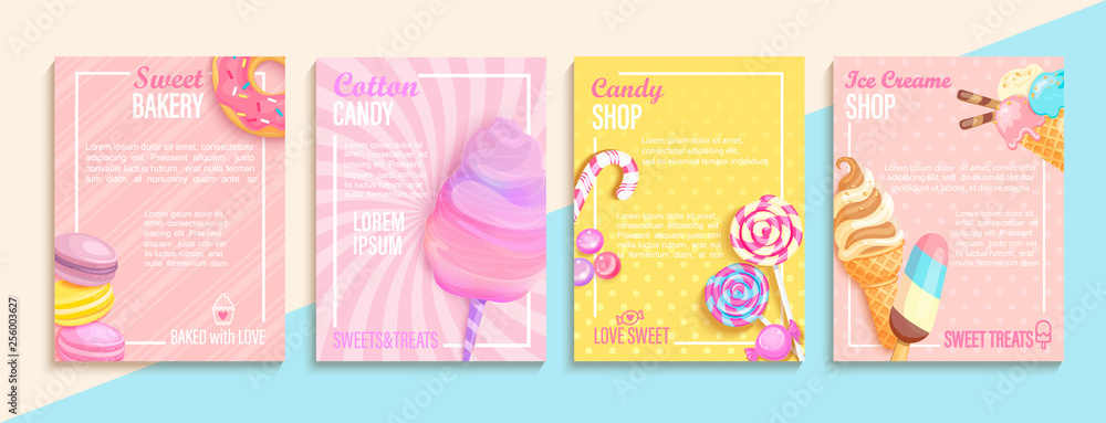 Set of bakery,candy,cotton candy,ice cream flyers,banners.Collection of pages for kids menu,caffee,posters.Macaroons,donuts, lollipop shop cards, cafeteris advertise.Template vector illustration. - obrazy, fototapety, plakaty 