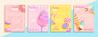 Set of bakery,candy,cotton candy,ice cream flyers,banners.Collection of pages for kids menu,caffee,posters.Macaroons,donuts, lollipop shop cards, cafeteris advertise.Template vector illustration.